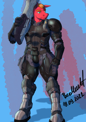 Size: 1488x2105 | Tagged: safe, artist:artsybeowulf, imported from derpibooru, big macintosh, anthro, unguligrade anthro, armor, mass effect, solo, weapon