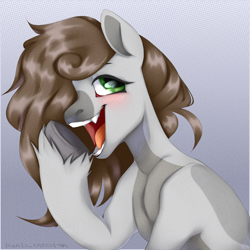 Size: 2000x2000 | Tagged: safe, artist:deadoyster, imported from derpibooru, oc, oc only, oc:cj vampire, earth pony, pony, abstract background, commission, earth pony oc, fangs, looking at you, looking back, looking back at you, smiling, solo, unshorn fetlocks, ych result