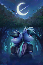 Size: 2000x3000 | Tagged: safe, artist:adagiostring, imported from derpibooru, oc, oc only, bat pony, pony, bat pony oc, bat wings, brother, brother and sister, clothes, cute, duo, duo male and female, female, male, male and female, moon, night, robe, siblings, sister, sitting, stars, tree, wings