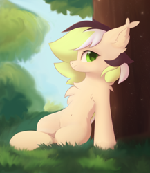 Size: 2464x2844 | Tagged: safe, artist:verlista, imported from derpibooru, oc, oc only, unnamed oc, bat pony, pony, belly, belly button, chest fluff, colored wings, ear fluff, female, fluffy, grass, green eyes, green hair, looking at you, mare, sitting, smiling, solo, three toned mane, tree, two toned wings, wings