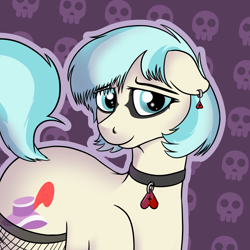 Size: 1342x1342 | Tagged: safe, artist:czaroslaw, imported from derpibooru, coco pommel, earth pony, pony, abstract background, alternate hairstyle, collar, ear piercing, earring, eyeshadow, female, fishnets, goth, jewelry, makeup, mare, piercing, solo