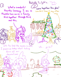 Size: 4779x6013 | Tagged: safe, artist:adorkabletwilightandfriends, imported from derpibooru, moondancer, spike, starlight glimmer, twilight sparkle, alicorn, dragon, pony, comic:adorkable twilight and friends, adorkable, adorkable twilight, candle, christmas, christmas decoration, christmas lights, christmas stocking, christmas tree, clothes, comic, cute, dork, fireplace, happy, hearth's warming, hearth's warming tree, hiding, holiday, running away, slice of life, socks, stockings, thigh highs, tree, twilight sparkle (alicorn), wreath