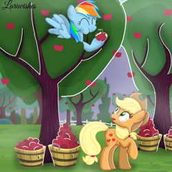 Size: 1300x1300 | Tagged: safe, artist:mlplary6, imported from derpibooru, applejack, rainbow dash, earth pony, pegasus, pony, apple, apple tree, duo, duo female, eating, eyes closed, female, food, mare, smiling, surprised, tree