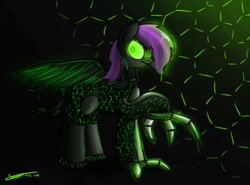 Size: 480x356 | Tagged: artist needed, safe, imported from derpibooru, oc, oc only, oc:dawn (project horizons), cyborg, pegasus, pony, fallout equestria, fallout equestria: project horizons, augmented, claws, fanfic art, female, glow, green eyes, mare, mother