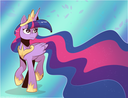 Size: 2814x2175 | Tagged: safe, artist:saturdaymorningproj, imported from derpibooru, twilight sparkle, alicorn, pony, the last problem, abstract background, cel shading, crown, ethereal mane, female, flowy mane, folded wings, hoof shoes, impossibly long mane, jewelry, lightly watermarked, long mane, looking up, mare, older, older twilight, peytral, princess shoes, princess twilight 2.0, raised hoof, raised leg, regalia, shading, simple background, starry mane, striped mane, twilight sparkle (alicorn), watermark, wings