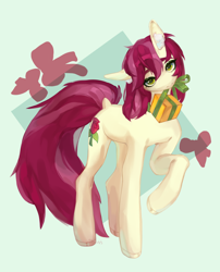 Size: 2300x2846 | Tagged: safe, artist:marsellies, imported from derpibooru, roseluck, pony, christmas gift, collar, commission, commissioner:doom9454, cute, pony pet, rosepet