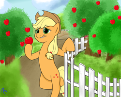 Size: 2500x2000 | Tagged: safe, artist:reinbou, imported from derpibooru, applejack, earth pony, pony, apple, apple tree, bipedal, fence, food, solo, sweet apple acres, tree