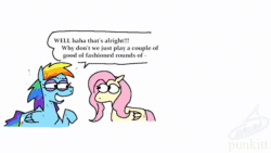 Size: 1280x720 | Tagged: safe, artist:punkittdev, artist:scrill0w, imported from derpibooru, fluttershy, rainbow dash, pegasus, pony, animated, blushing, borat, chair, comic, crossed legs, dialogue, duo, duo female, existential crisis, eye contact, eyes closed, female, food, golden girls, hoers, internal screaming, ketchup, lidded eyes, looking at each other, looking at someone, madden 08, mare, open mouth, playstation, poster, sauce, shocked, shocked expression, simple background, sitting, sleeping bag, smiling, sound, speech bubble, spider web, squint, sweat, television, thinking, thought bubble, vulgar, webm, wtf, yelling