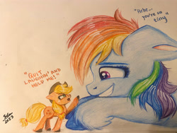 Size: 4032x3024 | Tagged: safe, artist:galaxy swirl, imported from derpibooru, applejack, rainbow dash, earth pony, pegasus, pony, appledash, appletini, female, grin, lesbian, lying down, micro, prone, shipping, size difference, smiling, traditional art