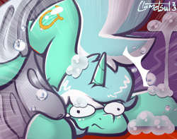 Size: 1464x1156 | Tagged: safe, artist:llametsul, imported from derpibooru, lyra heartstrings, pony, unicorn, bath, bubble, crash, falling, female, mare, not cum, solo