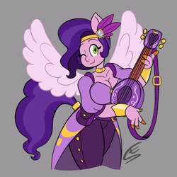 Size: 1600x1600 | Tagged: safe, artist:speed-fiend, imported from derpibooru, pipp petals, anthro, pegasus, adorapipp, bard, big breasts, breasts, busty pipp petals, cleavage, crossover, cute, dungeons and dragons, fantasy class, female, g5, gray background, looking at you, lute, musical instrument, one eye closed, pen and paper rpg, princess pipp, rpg, simple background, solo