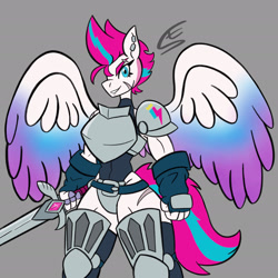 Size: 1920x1920 | Tagged: safe, artist:speed-fiend, imported from derpibooru, zipp storm, anthro, pegasus, armor, clothes, crossover, dungeons and dragons, ear piercing, female, fighter, fingerless gloves, g5, gauntlet, gloves, gray background, pen and paper rpg, piercing, rpg, scar, simple background, solo, sword, weapon