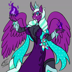 Size: 1920x1920 | Tagged: safe, artist:speed-fiend, imported from derpibooru, alicorn, anthro, spoiler:g5, absolute cleavage, big breasts, breasts, busty opaline, cleavage, clothes, crossover, dress, dungeons and dragons, fantasy class, female, g5, gray background, looking at you, magic, opaline, pen and paper rpg, rpg, see-through, simple background, solo, sorceress