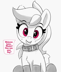 Size: 1272x1498 | Tagged: safe, artist:pabbley, imported from derpibooru, rainbow dash, pegasus, pony, chest fluff, clothes, collar, cute, dashabetes, female, femsub, grayscale, looking at you, mare, master, monochrome, partial color, pet-dash, pony pet, simple background, smiling, smiling at you, socks, solo, stockings, submissive, talking to viewer, thigh highs, white background