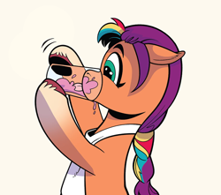 Size: 850x750 | Tagged: safe, artist:andypriceart, idw, imported from derpibooru, sunny starscout, earth pony, pony, spoiler:comic, spoiler:g5comic, spoiler:g5comic08, apron, behaving like a dog, clothes, cute, drinking, female, floppy ears, g5, glass, licking, mare, multicolored mane, smoothie, solo, sunnybetes, tongue out, unshorn fetlocks