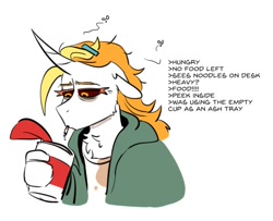 Size: 614x498 | Tagged: safe, artist:redxbacon, imported from derpibooru, oc, oc:dyx, alicorn, anthro, choker, cigarette, clothes, cup noodles, jacket, ponytail, smoking, solo, stain, text
