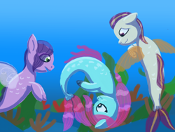 Size: 2048x1536 | Tagged: safe, artist:the crystal artist, derpibooru exclusive, imported from derpibooru, jazz (g5), pipp petals, earth pony, pegasus, pony, seapony (g4), coral, female, g5, holding breath, hoof polish, lineless, looking at someone, looking up, male, mare, missing accessory, rocky (g5), seaponified, seaweed, shading, species swap, stallion, swimming, transformed, trio, underwater, upside down, water, wet