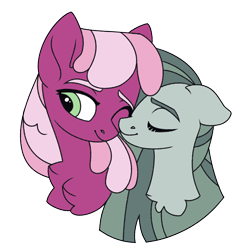 Size: 1500x1500 | Tagged: safe, artist:beautifulspaceshow, artist:icicle-wicicle-1517, color edit, edit, imported from derpibooru, cheerilee, marble pie, earth pony, pony, bust, chest fluff, collaboration, colored, duo, eyes closed, female, lesbian, marbilee, mare, nuzzling, one eye closed, shipping, simple background, transparent background
