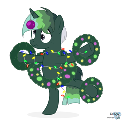 Size: 2202x2165 | Tagged: safe, artist:angel_animotr, imported from derpibooru, oc, oc only, oc:guaiacol, pony, unicorn, base used, christmas ornament, christmas wreath, decoration, horn, lights, simple background, solo, standing, standing on one leg, string lights, transparent background, unicorn oc, wreath