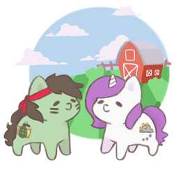 Size: 800x800 | Tagged: safe, artist:spritzles, imported from derpibooru, oc, oc only, earth pony, pony, unicorn, barn, chibi, cloud, earth pony oc, female, grenade, headband, horn, mare, outdoors, simple background, transparent background, unicorn oc