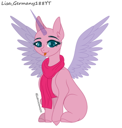 Size: 400x418 | Tagged: safe, artist:existencecosmos188, imported from derpibooru, oc, oc only, alicorn, pony, :p, alicorn oc, base, clothes, eyelashes, female, horn, mare, scarf, simple background, solo, spread wings, tongue out, transparent background, wings