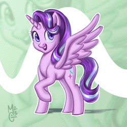 Size: 1280x1280 | Tagged: safe, artist:8rainbowjack8, imported from derpibooru, starlight glimmer, alicorn, pony, alicornified, female, looking at you, mare, open mouth, open smile, race swap, raised hoof, smiling, solo, spread wings, starlicorn, wings, xk-class end-of-the-world scenario