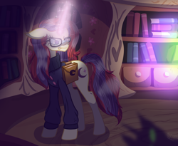 Size: 1024x841 | Tagged: safe, artist:brybrychan, imported from derpibooru, moondancer, pony, unicorn, bag, book, bookshelf, female, glow, glowing horn, golden oaks library, horn, mare, saddle bag, solo