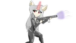Size: 3840x2160 | Tagged: safe, artist:straighttothepointstudio, imported from derpibooru, oc, oc only, anthro, unicorn, anime, anthro oc, armor, clothes, digital art, ear fluff, energy weapon, female, freckles, g5, grey hair, gun, long hair, looking back, magic, red eyes, rifle, simple background, solo, transparent background, weapon