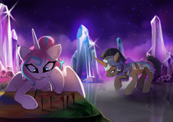 Size: 1500x1060 | Tagged: safe, artist:skyeypony, imported from derpibooru, princess flurry heart, oc, alicorn, pony, unicorn, armor, crystal, duo, female, horn, injured, mare, night, older, older flurry heart, outdoors, stars, unicorn oc