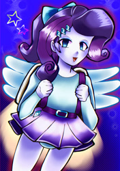 Size: 750x1066 | Tagged: source needed, safe, artist:tokosamon999, imported from derpibooru, rarity, human, equestria girls, belt, belt buckle, blue panties, blue underwear, bow, clothes, female, flying, hair bow, happy, jetpack, open mouth, panties, raripanty, skirt, solo, underwear