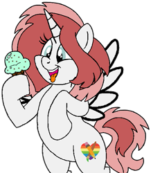 Size: 539x619 | Tagged: safe, artist:noikincade67, imported from derpibooru, oc, oc only, oc:lily brush, alicorn, pony, alicorn oc, bipedal, chubby, female, food, horn, ice cream, mare, open mouth, simple background, solo, tongue out, transparent background, wings