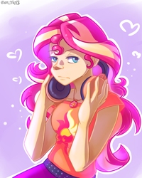 Size: 1436x1793 | Tagged: safe, artist:yuris, imported from derpibooru, sunset shimmer, human, equestria girls, equestria girls series, clothes, female, geode of empathy, headphones, jewelry, magical geodes, pendant, simple background, solo