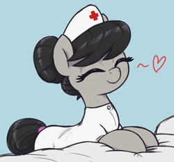 Size: 2520x2350 | Tagged: safe, artist:t72b, imported from derpibooru, octavia melody, earth pony, pony, alternate clothes, alternate hairstyle, background pony, bed, cute, daaaaaaaaaaaw, eyes closed, female, floating heart, hair bun, hat, heart, high res, leaning, mare, nurse, nurse hat, nurse outfit, smiling, solo, tavibetes, weapons-grade cute