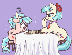 Size: 3000x2300 | Tagged: safe, artist:t72b, imported from derpibooru, coco pommel, cozy glow, earth pony, pegasus, pony, blushing, book, bow, chess, chessboard, female, filly, flower, flower in hair, foal, frown, frustrated, hair bow, high res, hoof on chin, hoof on head, implied buttplug, lip bite, mare, necktie, scrunchy face, sitting, sweat, sweatdrop, table