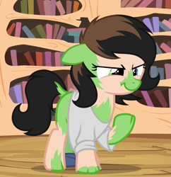 Size: 1015x1048 | Tagged: safe, artist:anonymous, imported from derpibooru, oc, oc only, oc:filly anon, earth pony, human, pony, engrish in the description, eye color change, female, filly, foal, golden oaks library, human to pony, mid-transformation, show accurate, solo, transformation