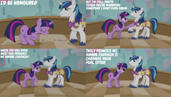 Size: 4400x2475 | Tagged: safe, edit, edited screencap, editor:quoterific, imported from derpibooru, screencap, shining armor, twilight sparkle, pony, unicorn, a canterlot wedding, annoyed, armor, brother and sister, confused, female, forgetting, frown, grin, height difference, implied princess cadance, male, mare, physique difference, siblings, smiling, sparkle siblings, stallion, unicorn twilight, unshorn fetlocks