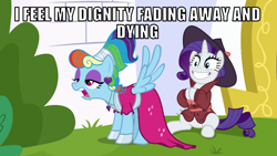 Size: 1066x600 | Tagged: safe, edit, edited screencap, editor:twi clown, imported from derpibooru, screencap, rainbow dash, rarity, pegasus, pony, unicorn, sparkle's seven, alternate hairstyle, caption, clothes, detective rarity, dress, female, image macro, mare, megaradash, rainbow dash always dresses in style, rainbow dash is not amused, text, unamused