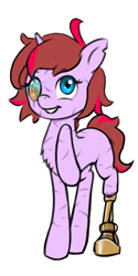 Size: 896x1792 | Tagged: safe, artist:multiverseequine, derpibooru exclusive, imported from derpibooru, oc, oc only, oc:vanity, pony, unicorn, amputee, female, glow, glowing eyes, horn, multicolored hair, prosthetic eye, prosthetic leg, prosthetic limb, prosthetics, raised hoof, scar, simple background, smiling, solo, torn ear, transparent background, unicorn oc