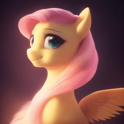 Size: 1024x1024 | Tagged: safe, imported from derpibooru, fluttershy, pegasus, pony, cute, green eyes, looking at you, lucidpony: sd is magic 2, machine learning generated, shyabetes, simple background, smiling, solo, stable diffusion, wings
