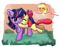 Size: 1323x1039 | Tagged: safe, artist:brellaumber, imported from derpibooru, apple bloom, applejack, twilight sparkle, earth pony, pony, unicorn, apple bloom's bow, bow, cloud, cowboy hat, female, filly, floppy ears, foal, hair bow, hat, hug, mare, request, sky, stetson, trio, unicorn twilight