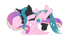 Size: 3840x2160 | Tagged: safe, artist:duran301, imported from derpibooru, princess cadance, queen chrysalis, alicorn, changeling, changeling queen, base used, cadalis, female, infidelity, lesbian, shipping, simple background, snuggling, transparent background