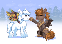 Size: 2656x1897 | Tagged: safe, artist:confetticakez, imported from derpibooru, oc, oc only, bat pony, pony, :p, bat pony oc, bat wings, blushing, boop, boots, clothes, fangs, forest, glasses, jacket, shoes, sitting, snow, snowfall, snowpony, solo, spread wings, tongue out, underhoof, wings