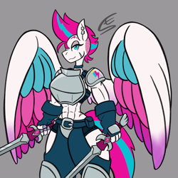 Size: 1600x1600 | Tagged: safe, alternate version, artist:speed-fiend, imported from derpibooru, zipp storm, anthro, pegasus, abs, armor, dual wield, dungeons and dragons, ear piercing, fantasy class, female, fighter, g5, gray background, lidded eyes, muscles, muscular female, pen and paper rpg, piercing, ripped zipp, rpg, scar, signature, simple background, smiling, solo, sword, weapon