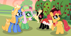 Size: 2504x1264 | Tagged: safe, artist:starvelvetyt, imported from derpibooru, oc, oc only, oc:apple gala, oc:fluorite, oc:rosabella, oc:star velvet, alicorn, dracony, dragon, earth pony, hybrid, pony, unicorn, alicorn oc, apple, apple tree, badge, base used, cape, clothes, crown, earth pony oc, female, food, freckles, hat, horn, interspecies offspring, jewelry, mare, next generation, offspring, parent:applejack, parent:caramel, parent:flash sentry, parent:fluttershy, parent:king sombra, parent:rarity, parent:spike, parent:twilight sparkle, parents:carajack, parents:flashlight, parents:sombrashy, parents:sparity, regalia, tree, unicorn oc, wings