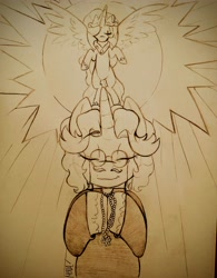 Size: 3082x3951 | Tagged: safe, artist:dsstoner, imported from derpibooru, fancypants, princess celestia, alicorn, pony, unicorn, alternate universe, bowing, clothes, crepuscular rays, eyes closed, flying, glasses, goddess, praise the sun, praying, priest, rosary, spread wings, sun, traditional art, wings