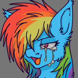 Size: 632x632 | Tagged: safe, artist:mechanakal, derpibooru exclusive, imported from derpibooru, rainbow dash, pegasus, pony, bust, cheek fluff, colored lineart, crying, ear fluff, female, fluffy, gray background, hair over one eye, mare, open mouth, open smile, portrait, simple background, smiling, solo
