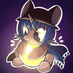 Size: 2000x2000 | Tagged: safe, artist:candy meow, imported from derpibooru, oc, pony, unicorn, :3, clothes, coat, crossover, glow, hat, high res, horn, lightbulb, niko (oneshot), oneshot, scarf, simple background, sitting, solo, species swap, unicorn oc
