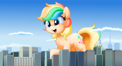 Size: 1472x800 | Tagged: safe, artist:jhayarr23, imported from derpibooru, oc, oc only, oc:candy sparkles, earth pony, pony, building, chest fluff, city, female, giant pony, giantess, macro, mare, open mouth, plane, smiling, solo