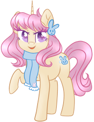 Size: 1000x1300 | Tagged: safe, artist:lostsheep, imported from derpibooru, oc, oc only, oc:blueberry bun, pony, unicorn, derpibooru community collaboration, 2023 community collab, accessories, clothes, female, horn, mare, scarf, simple background, solo, transparent background