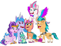 Size: 900x681 | Tagged: artist needed, source needed, safe, imported from derpibooru, hitch trailblazer, izzy moonbow, pipp petals, sunny starscout, zipp storm, dragon, earth pony, pegasus, pony, unicorn, spoiler:g5, creepy, g5, mane five (g5), nightmare fuel, simple background, solo, sparky sparkeroni, white background